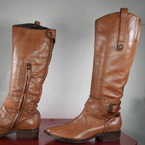 Women's Sam Edelman Brown Leather Flat Knee High Riding Buckled Fashion Boots 7